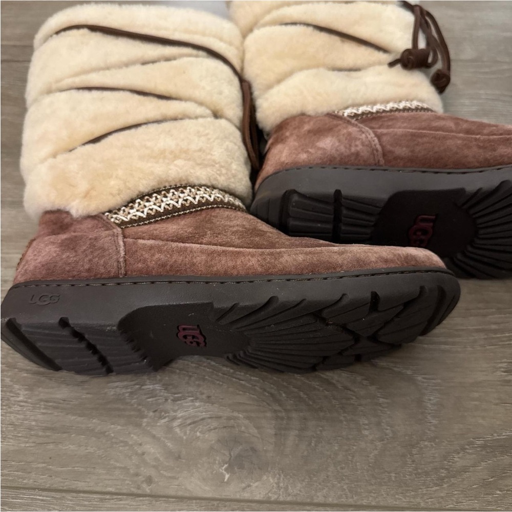UGG Maxie Waterproof Suede and Shearling Boots - Brown and Cream - Picture 4 of 6